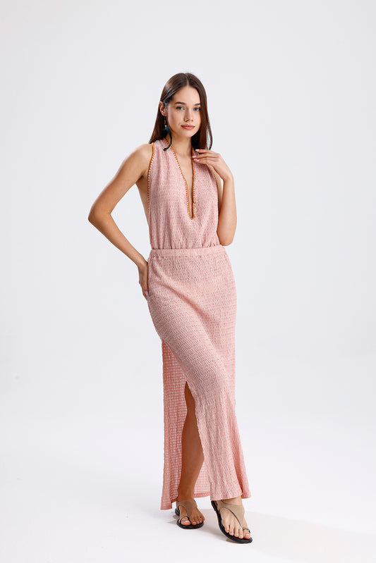 ROME TIE-NECK DRESS-BEIGE CROCHET