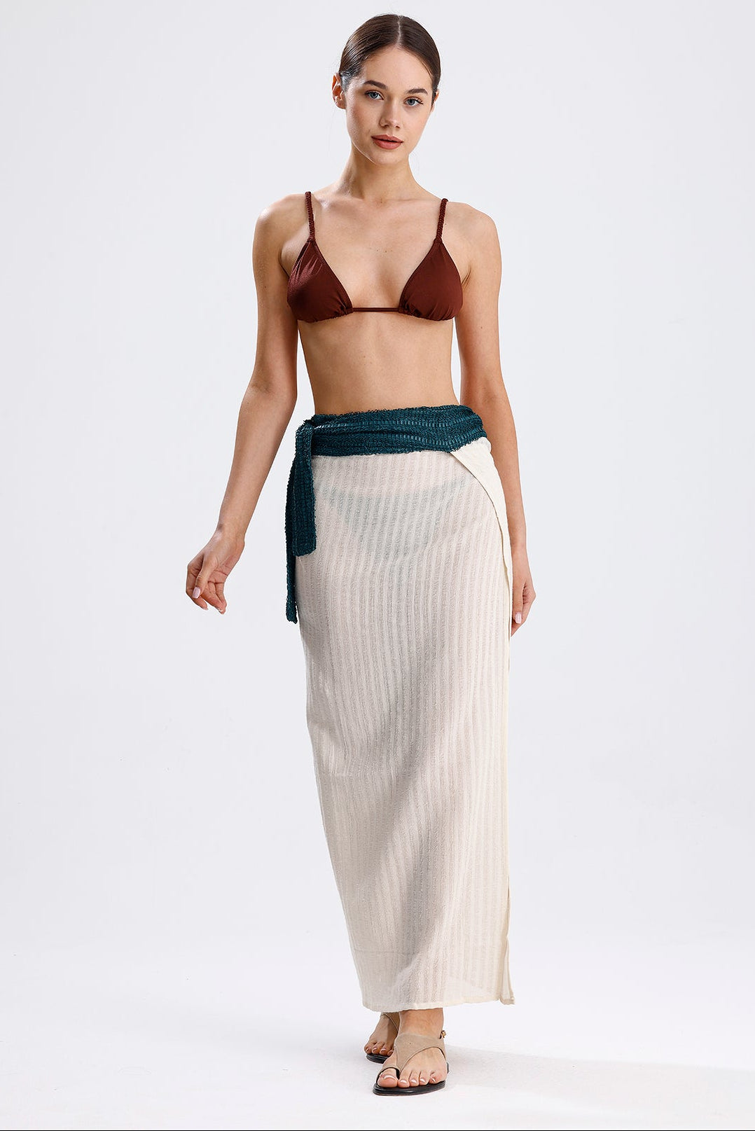 AMANI WOVEN PAREO-BEIGE/EMERALD GREEN