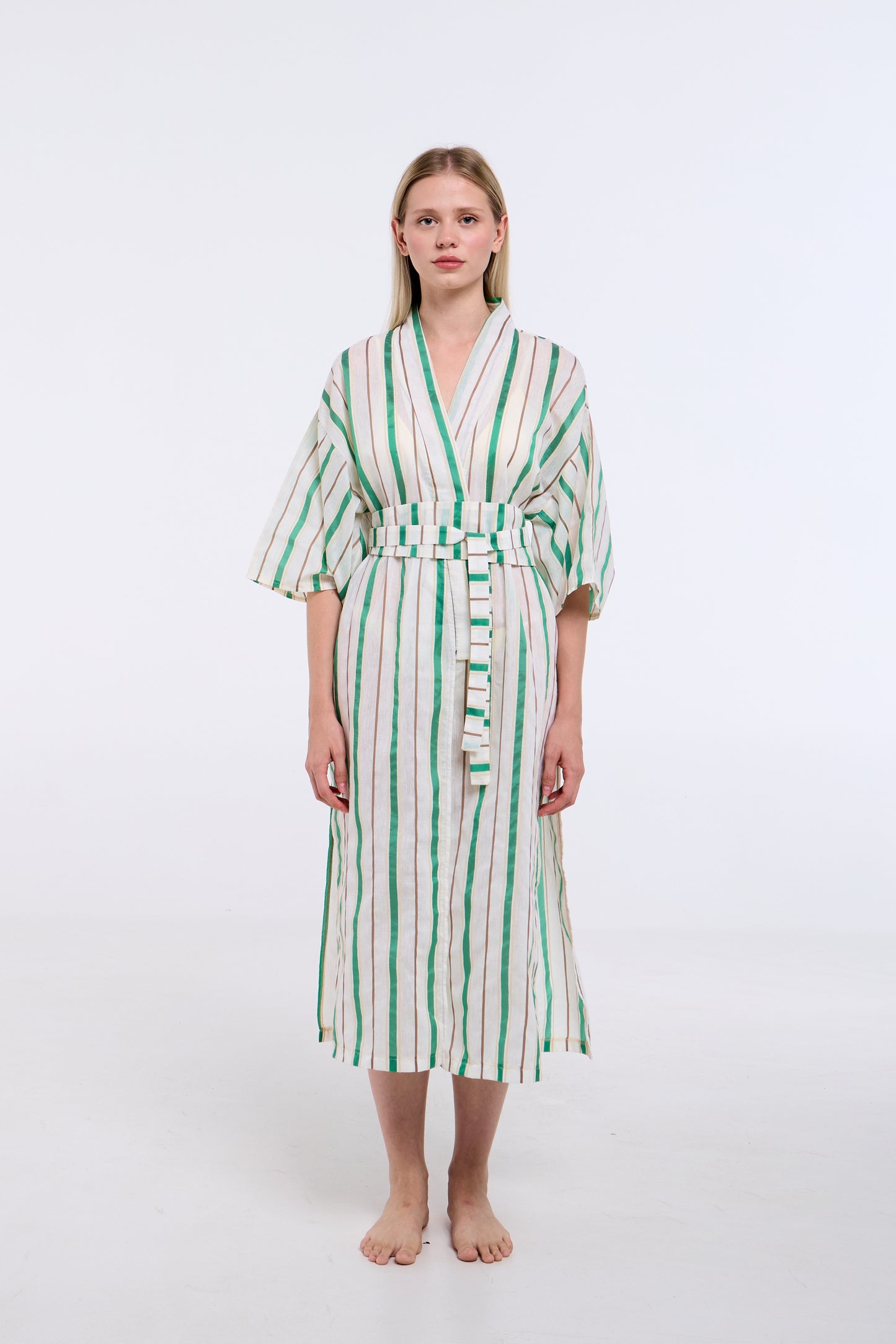 Yeşil Çizgili Uzun Kimono