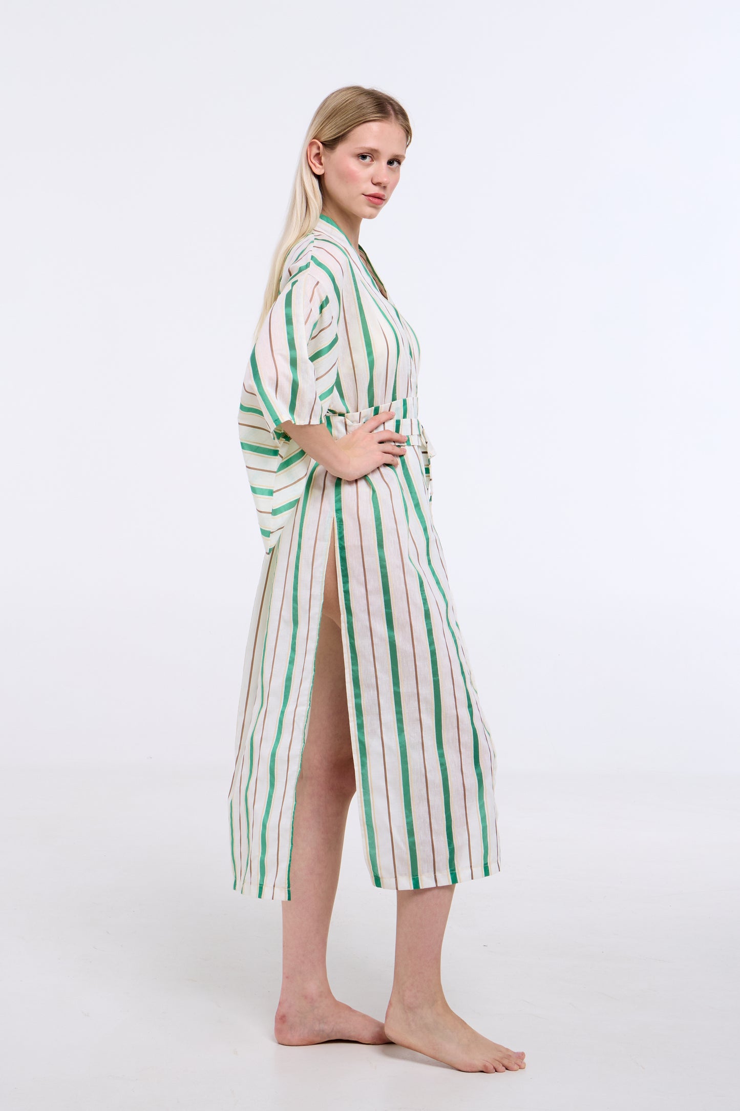 Yeşil Çizgili Uzun Kimono