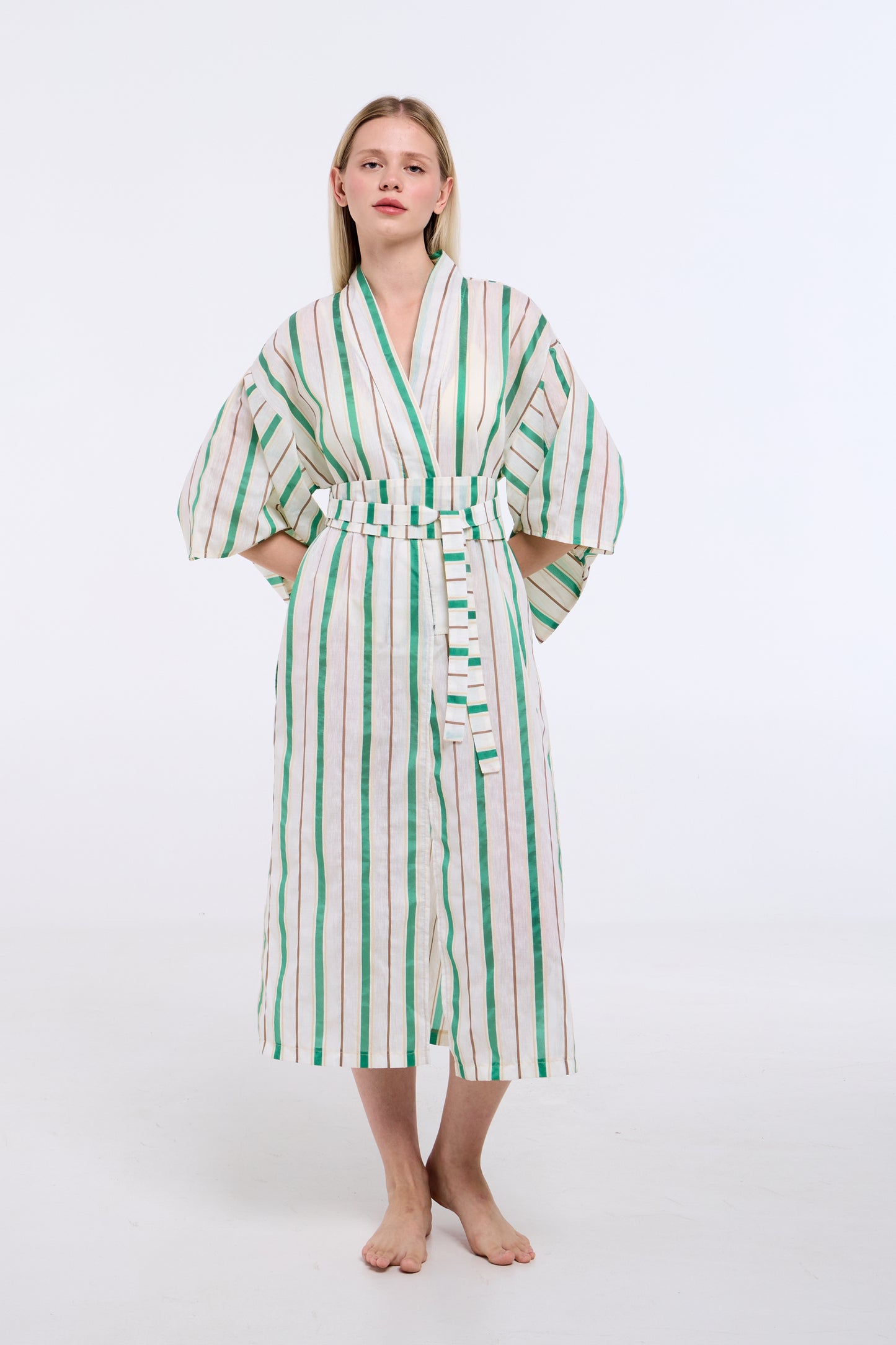 Yeşil Çizgili Uzun Kimono