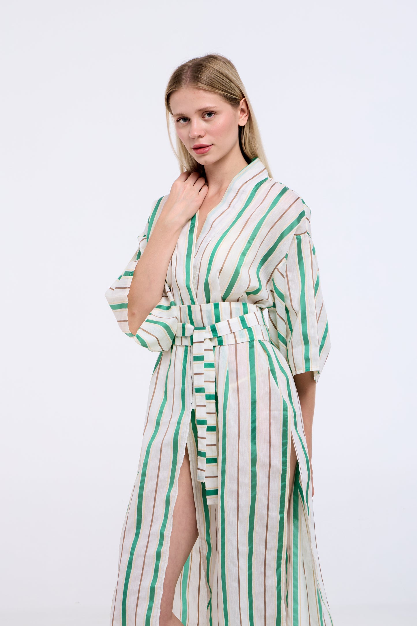 Yeşil Çizgili Uzun Kimono