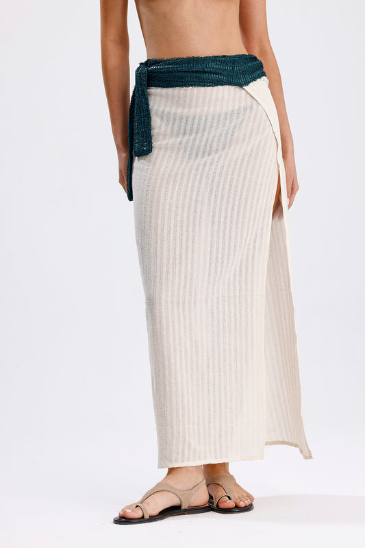 AMANI WOVEN PAREO-BEIGE/EMERALD GREEN